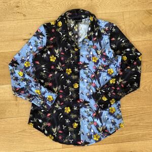 Topshop - Color Block Floral Button Front Shirt in Blue & Navy